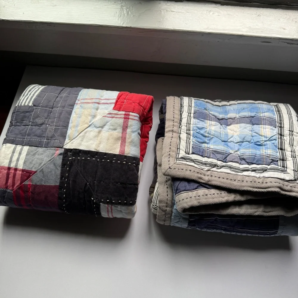 Pottery Barn Kids Quilted Pillowcase Shams Set Blue Red Plaid Patchwork Cotton